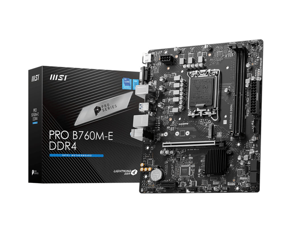 PLACA MADRE MSI PRO B760M-E DDR4, CHIPSET INTEL B760, LGA1700, HDMI, VGA, MATX.
