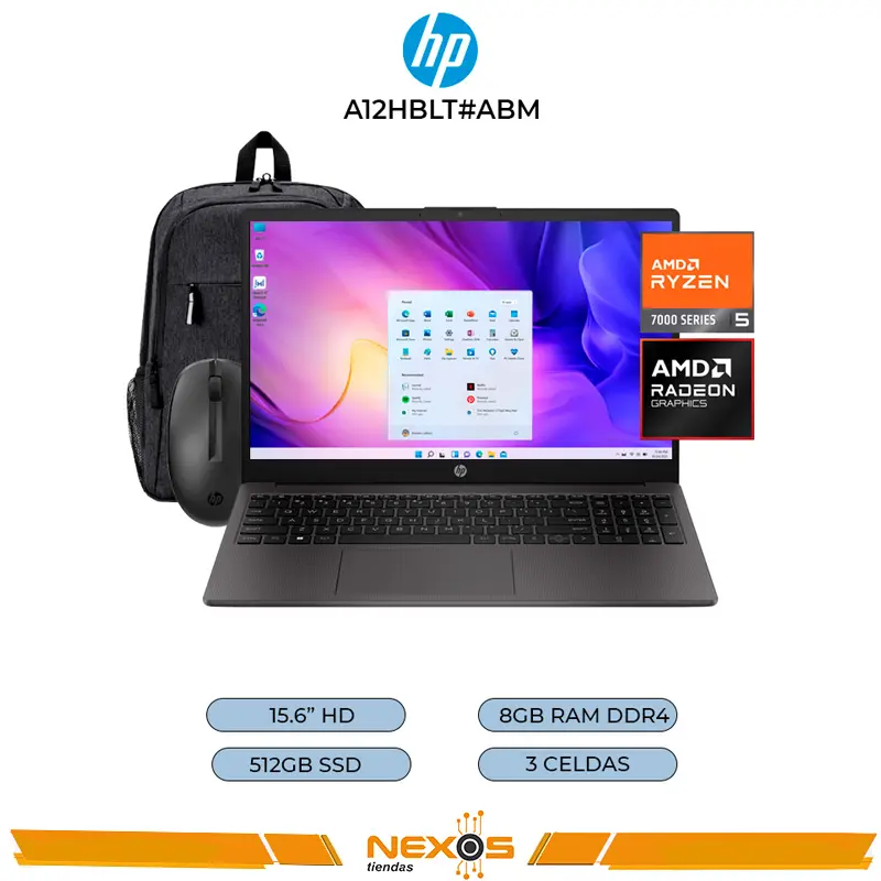 LAPTOP HP 255 G10 Ryzen 5 7520U 2.8/4.3 GHz, RAM 8GB DDR5-5500 MT/s, SSD 512GB M.2 NVME, 15.6” LCD LED HD (1366 x 768) incluye mochila y mouse
