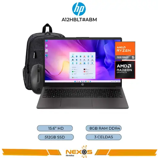 [1111111740] LAPTOP HP 255 G10 Ryzen 5 7520U 2.8/4.3 GHz, RAM 8GB DDR5-5500 MT/s, SSD 512GB M.2 NVME, 15.6” LCD LED HD (1366 x 768) incluye mochila y mouse