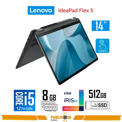 [1111111865] LAPTOP LENOVO IDEAPAD FLEX 5 14IAU7, CORE I5-1235U, 8GB LPDDR4 4266 MHZ, SSD 512GB, IRIS XE GRAPHICS, 14" WUXGA (1920×1200), TACTIL 